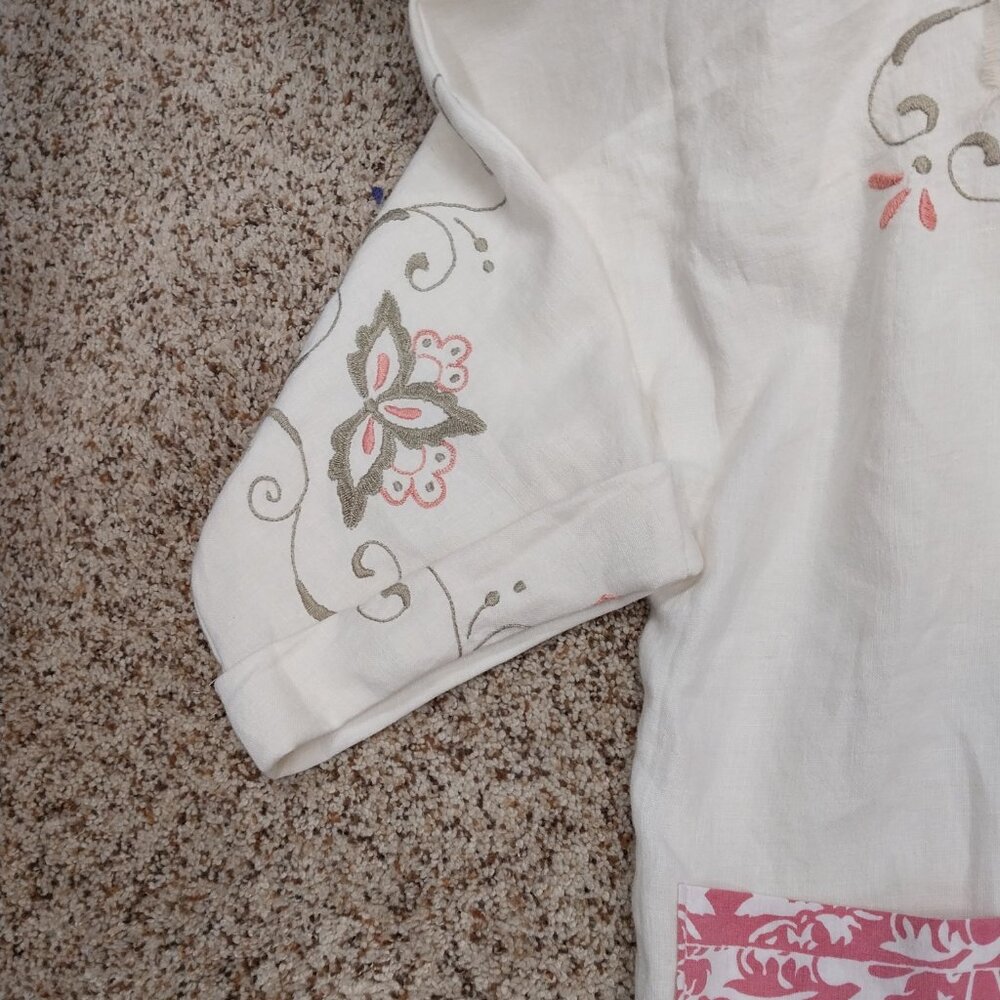 3481 Size XL Long Duster Upcycled from Embroidered Linen /Cotton Tablecloths, . - Picture 5 of 14
